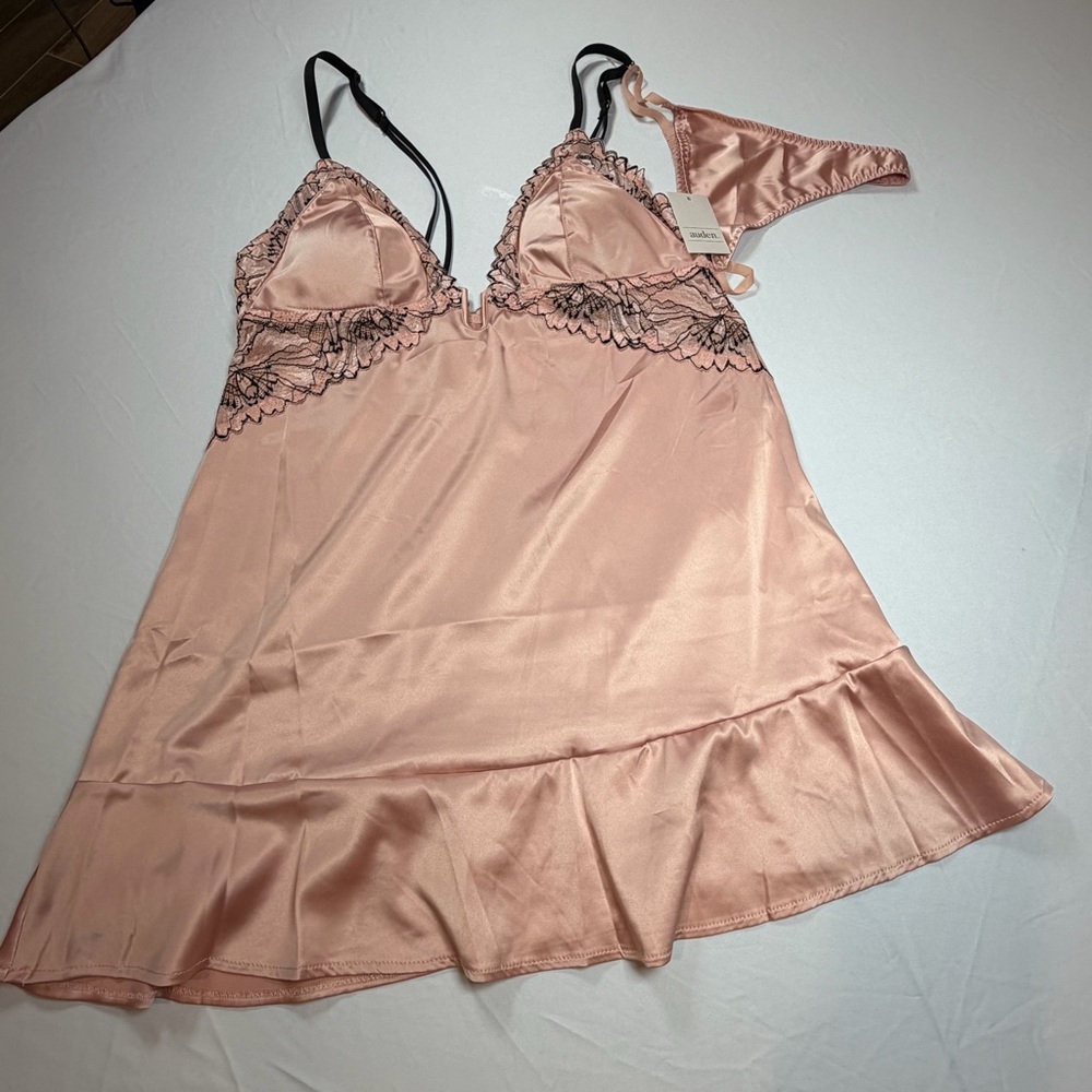 Auden Blush Pink With Black Lace Trim Silky Babydoll Lingerie Set In Medium